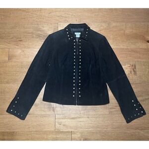 Mythologie Genuine Suede Leather Studded Blk Cropped Zip Up Jacket Womens Size 6